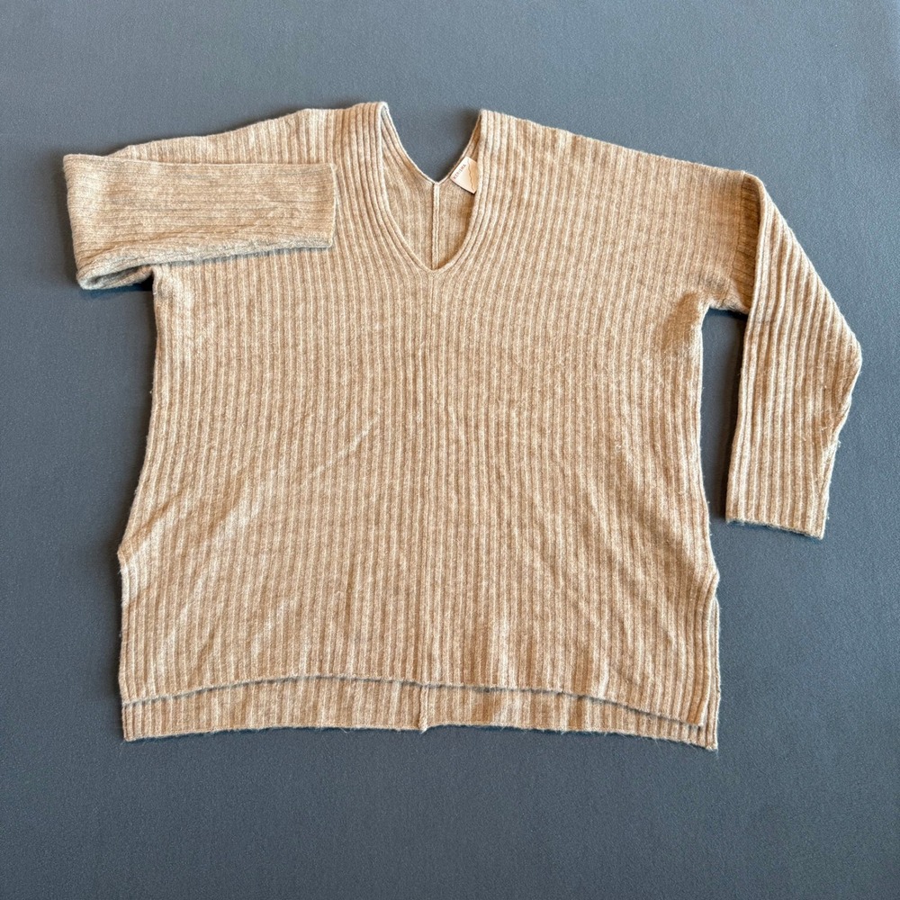 Kerisma G905 Ribbed V Neck Oversized Sweater M/L Beige Cashmere Blend
